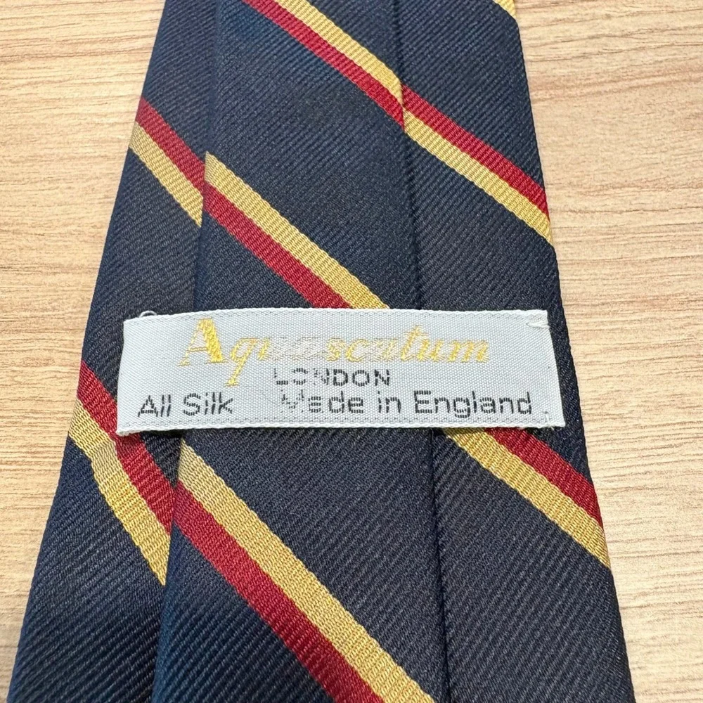 Aquascutum London Mens Silk Tie Navy Red Gold Striped Made in England Regimental